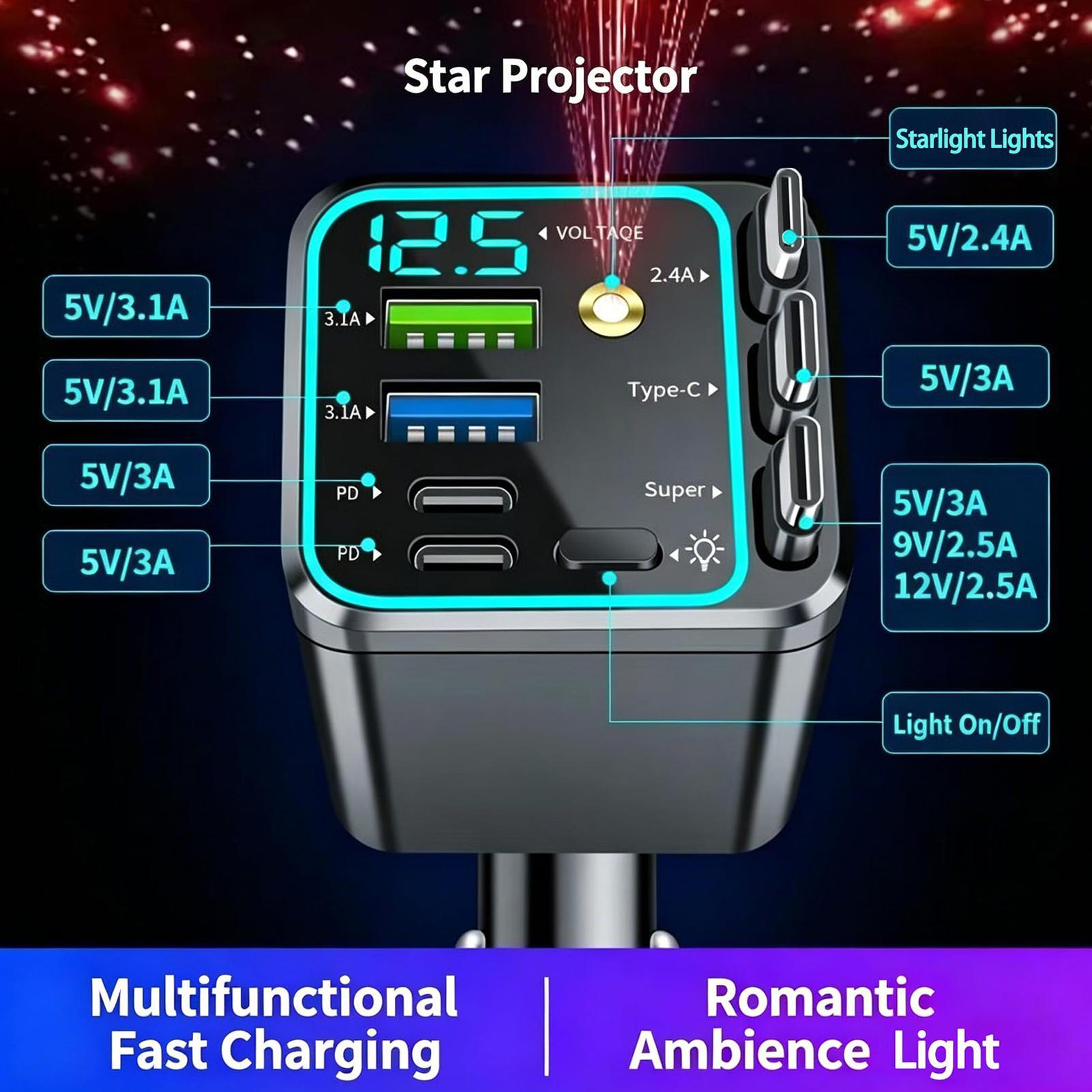 Car Charger - Caricatore retrattile per auto, 102W, ricarica